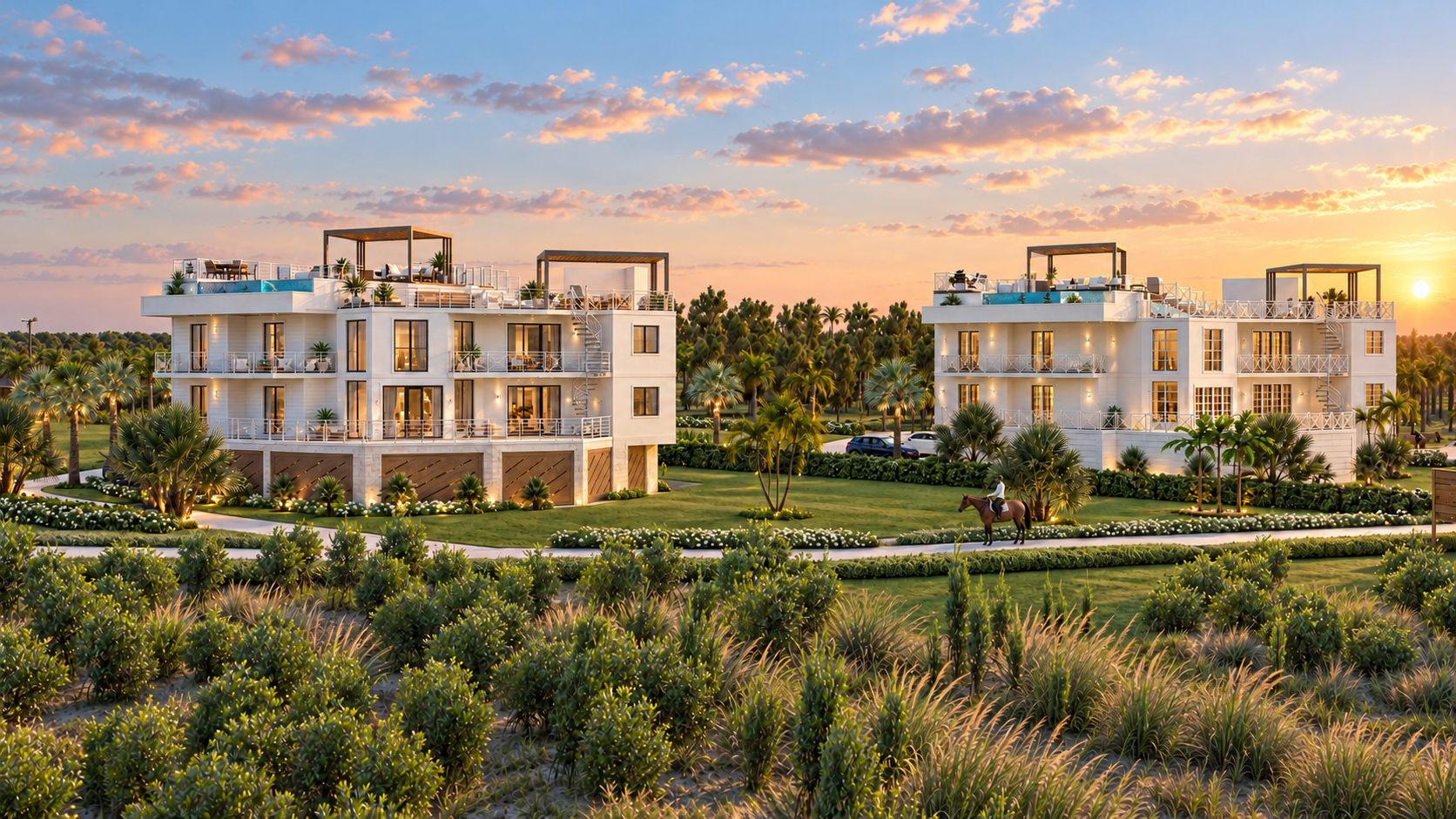 Rendering of white multi-level coastal homes with rooftop terraces at sunset