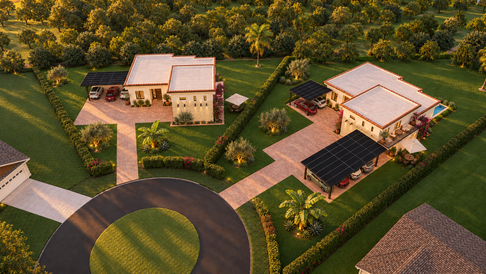 Aerial rendering of two Spanish-style homes with solar carports on a cul-de-sac