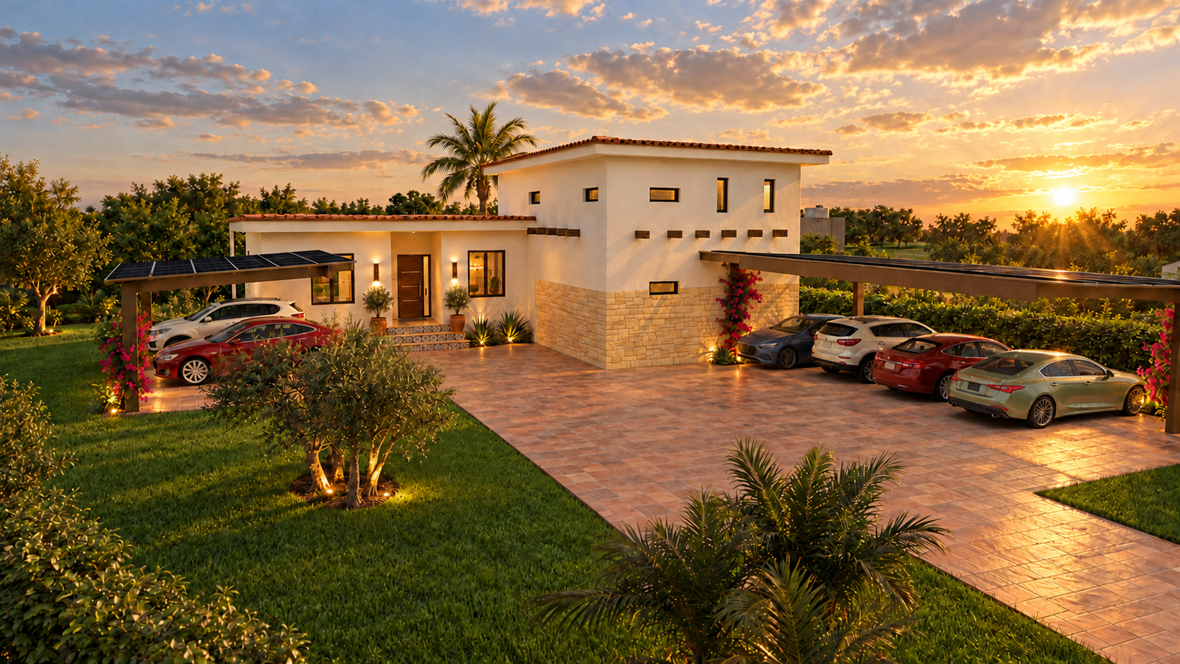 Rendering of a two-storey Spanish-style home with a paver driveway at sunset