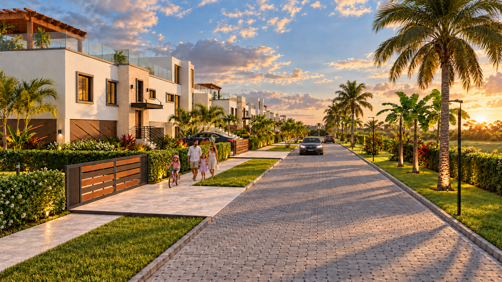 Rendering of a palm-lined residential street with modern homes at sunset