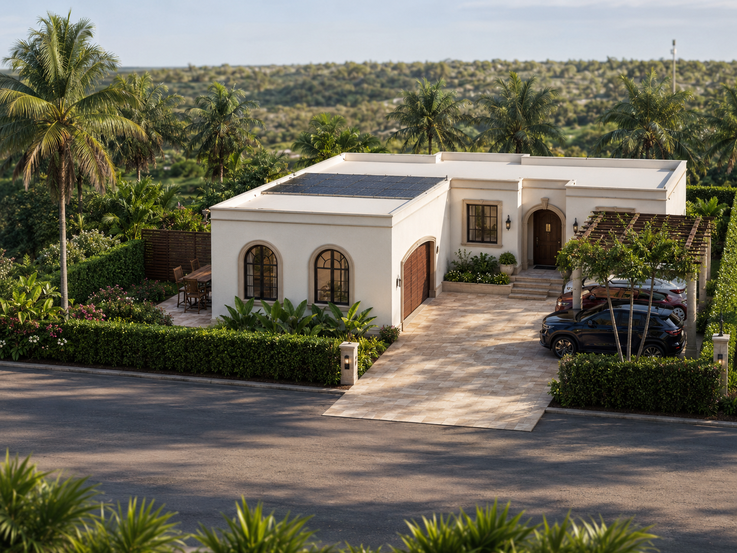 Rendering of a white single-storey home with arched windows and a paved driveway among palm trees