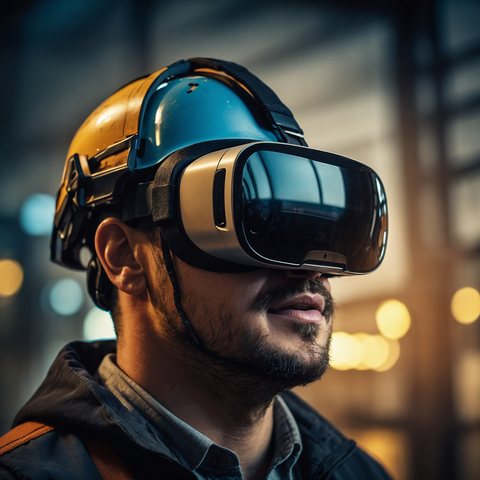 Construction worker wearing a hard hat and a virtual reality headset